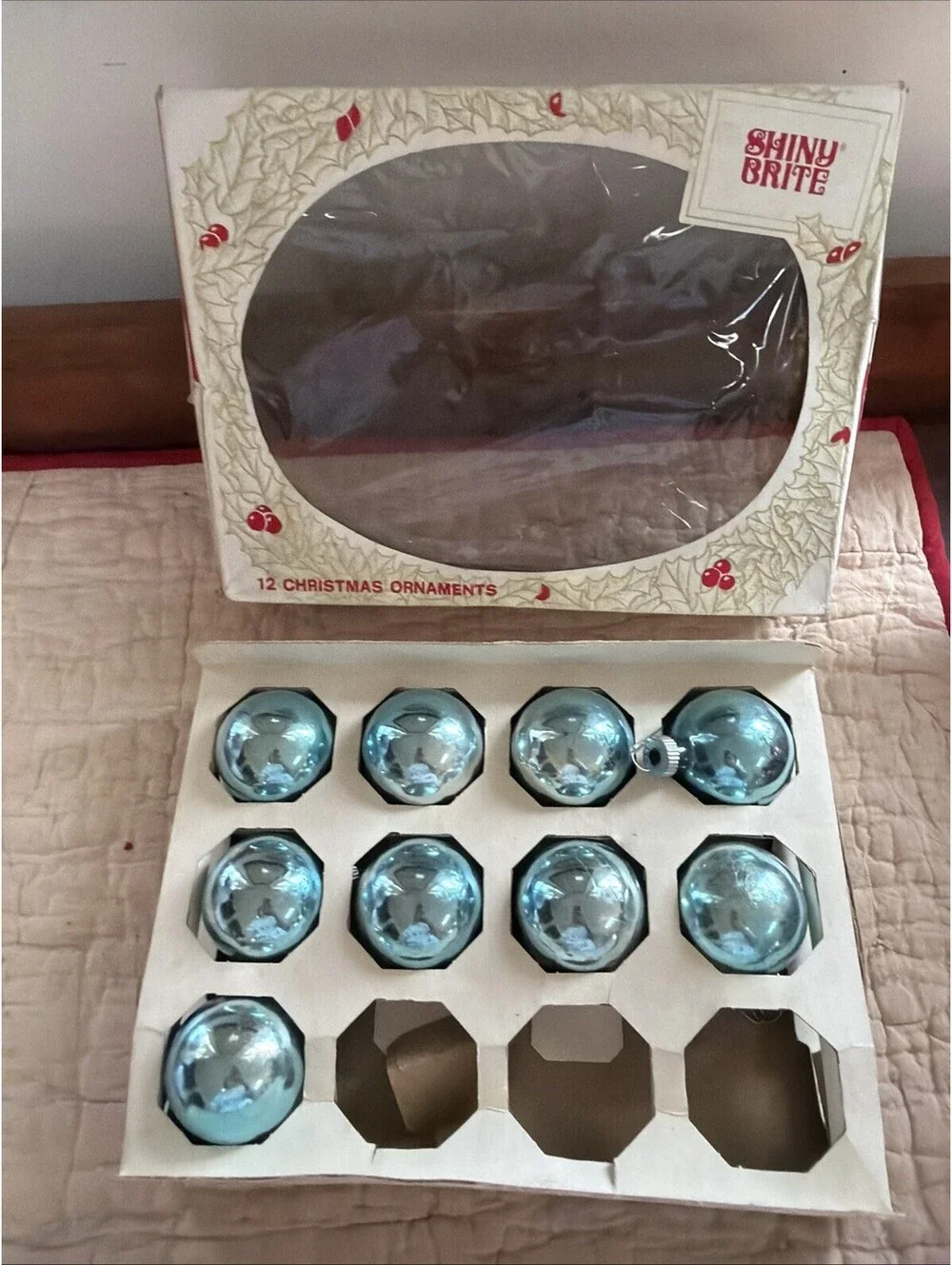 SHINY BRITE Vtg Box With 9 Mini Light Blue Glass Ornaments Made USA MCM Retro